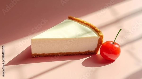 Fototapeta Cheesecake slice rests near a glossy red cherry on a pale pink surface with geometric shadow patterns.