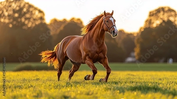 Fototapeta Chestnut horse is running freely across a sunlit grassy field with trees blurred in background.