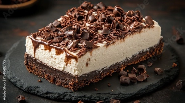 Fototapeta Chocolate cheesecake slice sits on a dark slate surface with chocolate shavings and sauce drizzles.