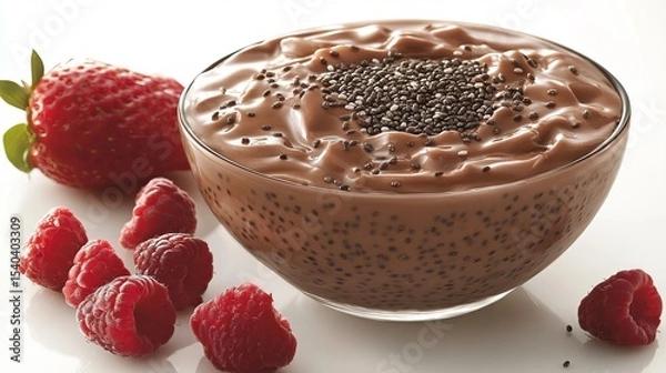 Fototapeta Chocolate pudding in a clear bowl is topped with chia seeds and accompanied by fresh raspberries and a strawberry on a white surface.