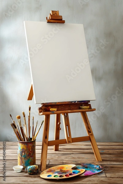 Fototapeta A blank canvas on an easel, with brushes and palette next to it, ready for creative expression of emotions