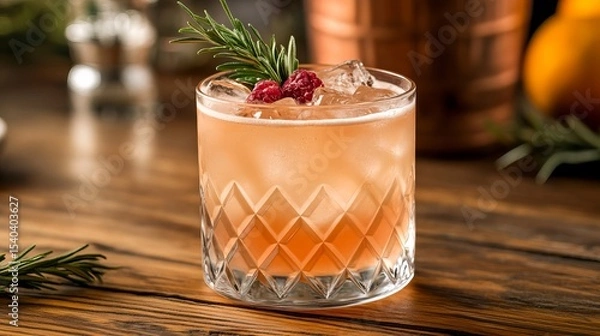 Fototapeta Cocktail sits in a patterned glass filled with ice, raspberries, and rosemary on a wooden table.