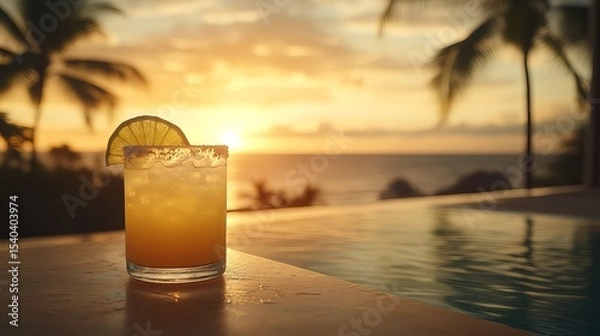Fototapeta Cocktail sits by an infinity pool overlooking the ocean at sunset with blurred palm trees in the background.