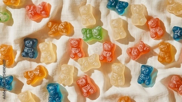 Fototapeta Colorful gummy bears are scattered on a textured white fabric surface in a random pattern under soft lighting.