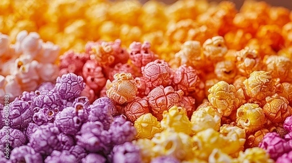 Fototapeta Colorful popcorn sits piled together, showcasing purple, yellow, orange, and red hues with textured surfaces.