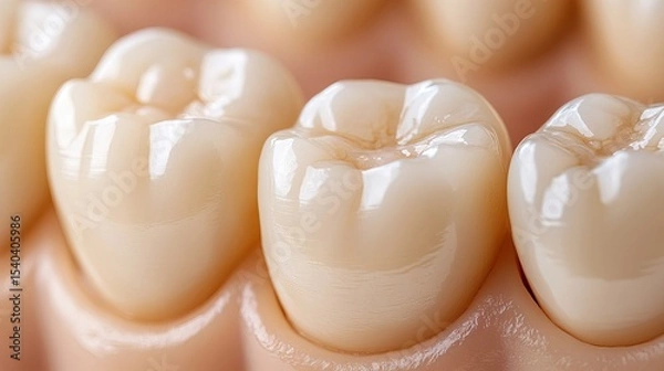 Fototapeta Dental molar teeth are displayed in a close-up view showing enamel texture and gumline details, exhibiting dental health.