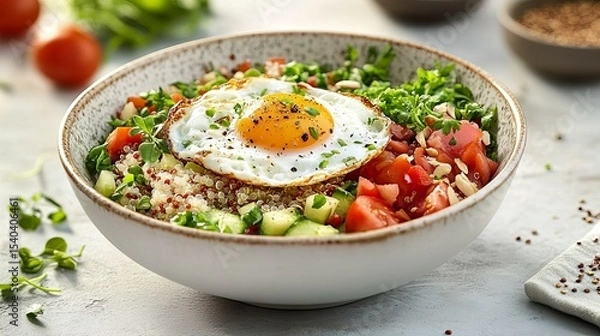 Fototapeta Egg sits atop a quinoa bowl with tomatoes, cucumbers, and greens, sprinkled with herbs and nuts in a speckled ceramic bowl.