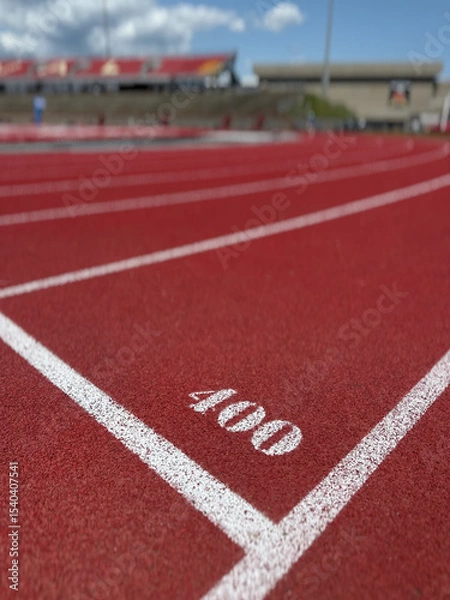 Fototapeta Piste de course dans le stade, gros plan de la piste et du terrain