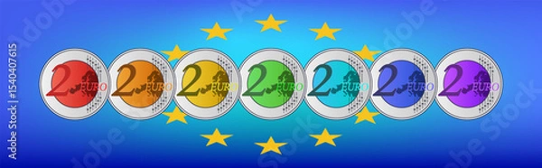 Fototapeta Vector set of colored rainbow iridescent coins of European Union, denomination of 2 euros. Money of Europe. Collection. Hobbies and numismatics. Design elements. Two