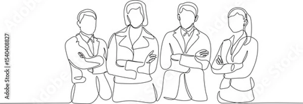 Fototapeta Employees standing confidently in continuous line drawing style. Healthy employee relationship sketch in minimalist black lines isolated on white background. Vector illustration