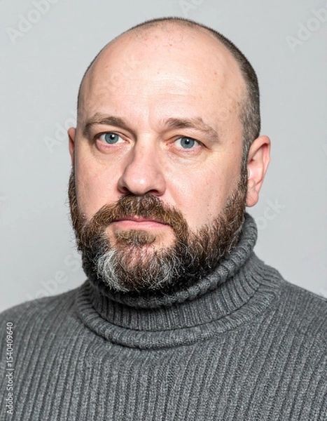 Fototapeta icy resolve; broad-shouldered Eastern European man with piercing blue eyes, full beard, thick gray wool sweater, and an expression of dignified stoicism
