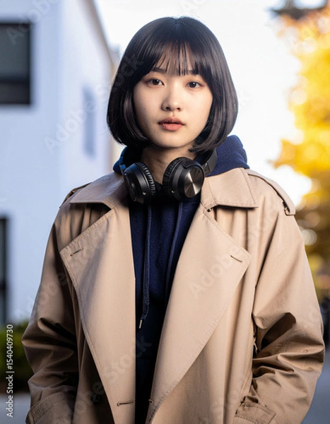 Fototapeta lost in thought; Korean college student with sleek black bob, blunt bangs, tan trench over navy hoodie, headphones draped around neck, mind elsewhere
