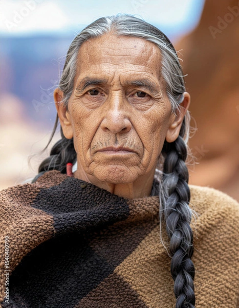 Fototapeta wisdom woven in time; indigenous elder with braided gray hair, earth-toned poncho, and reflective eyes that hold stories of generations past
