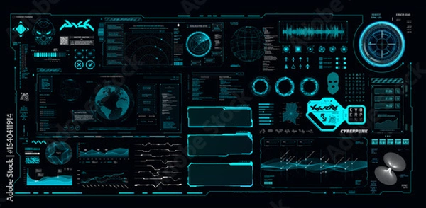 Fototapeta Interactive Futuristic HUD Panel with holograms UI. Cyberpunk dashboard with futuristic user interface HUD, 3D elements, charts, infographics, diagrams, frames. Sci-fi Dashboard. Vector graphic UI set