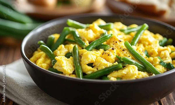 Fototapeta Huevos con Ejotes - Scrambled eggs with green beans, a simple yet tasty dish.