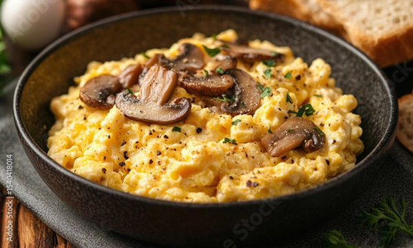 Fototapeta Huevos con Hongos - Scrambled eggs with mushrooms, a earthy and delicious breakfast.