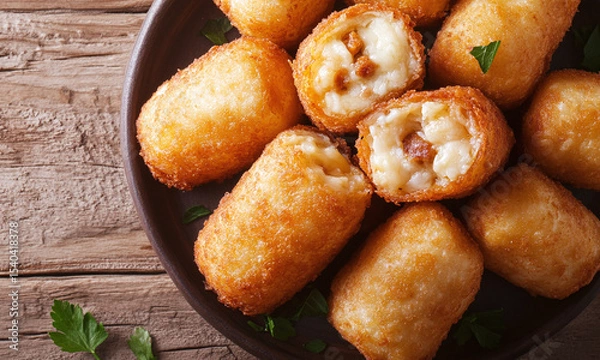Fototapeta Molotes - Fried masa rolls stuffed with cheese, potatoes, or chorizo.