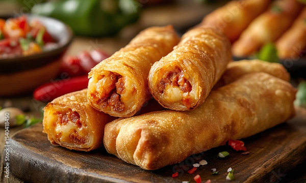 Fototapeta Molotes - Fried masa rolls stuffed with cheese, potatoes, or chorizo.