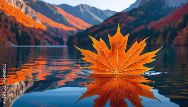 Obraz A maple leaf floating on the serene mountain lake. The maple leaf is vibrant orange color. In the background is the mountain range in autumn