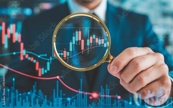Fototapeta Business analyst examining financial charts through a magnifying glass for investment analysis and market trend investigation.