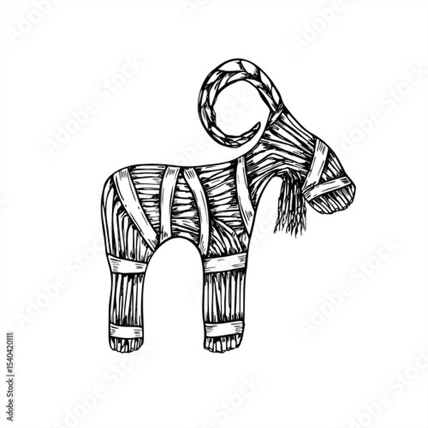 Fototapeta Traditional Scandinavian Yule goat made of straw with ribbons monochrome vector illustration. Julbock line art black ink sketch for Christmas decor, Nordic holiday, folk art, rustic winter packaging.