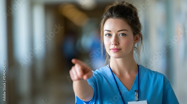 Obraz Friendly healthcare worker in blue scrubs pointing forward in a brightly lit hospital corridor, offering guidance and assistance to patients.
