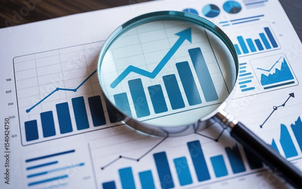Fototapeta Financial analysis concept featuring a magnifying glass over business charts demonstrating growth and increasing profits visualization.