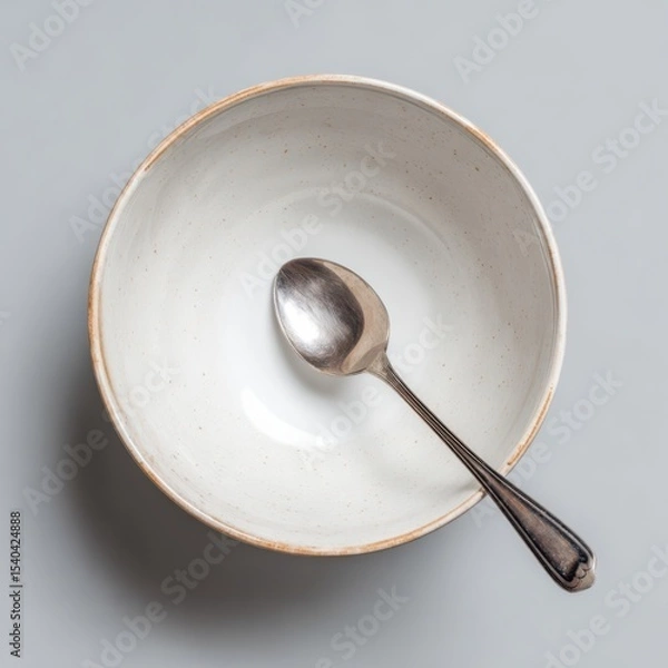 Fototapeta Cereal bowl with an empty spoon rests on a smooth surface, inviting memories of breakfast moments filled with delight and comfort