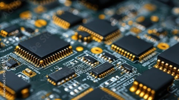 Fototapeta Exploring the intricate details of microchips and circuit board design in a macro view of technology's foundation