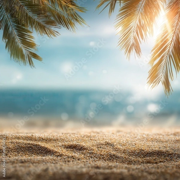 Fototapeta Abstract blur defocused background, nature of tropical summer beach with rays of sun light. Golden sand beach, sea water and palm leaves against sky. Copy space, summer vacation.