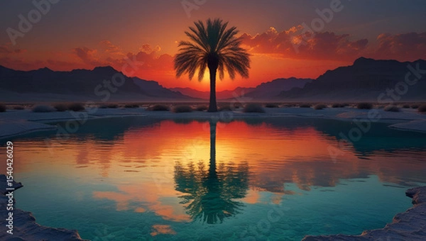 Obraz A lonely palm tree in the desert oasis. There is a clear crystal lake in the middle of oasis 