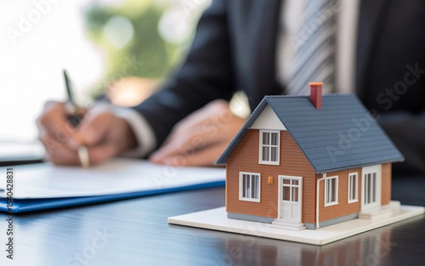 Fototapeta Miniature house model with a professional individual signing documents related to real estate or property purchase