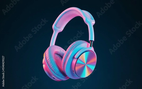 Fototapeta Modern wireless headphones in vibrant neon colors floating against a deep blue background with creative lighting design for music listening