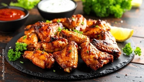 Obraz Plate of grilled chicken wings served with fresh garnish ready to satisfy your taste buds in a flavorful dining experience