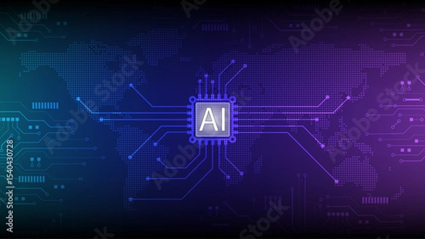 Fototapeta AI world map technology circuit digital futuristic innovation blue purple glowing abstract
