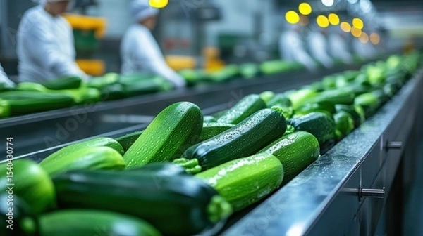 Obraz Zucchini on Conveyor Belt in Food Processing Plant