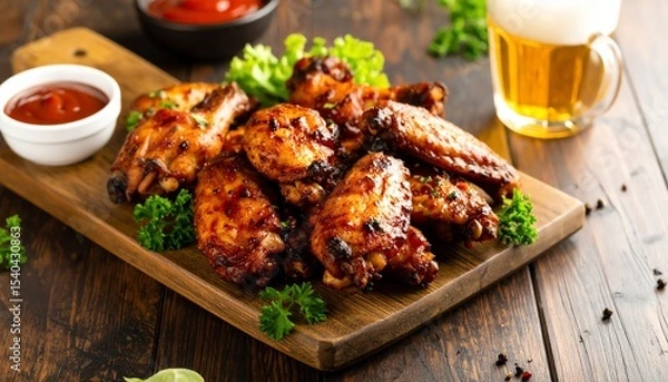 Obraz A plate of flavorful chicken wings paired with a cold beer for the perfect casual dining experience with friends
