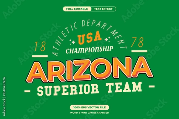 Fototapeta Bold varsity-style Arizona championship text effect with bright, retro colors. Perfect for athletic graphics, school spirit designs, and editable vector branding