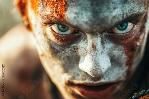 Fototapeta A woman with a white face and red hair is wearing a mask and has a bloody face
