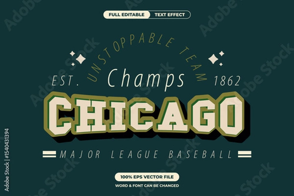 Fototapeta Retro Chicago baseball text effect with bold varsity style and 3D shadow. Great for sports graphics, apparel, and team branding. Fully editable EPS vector