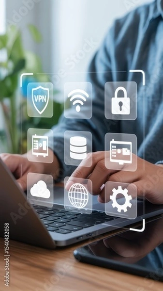 Fototapeta Person using a laptop with digital interface showing security and networking icons.