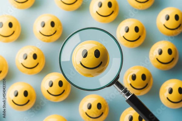 Fototapeta Smiling faces concept image with a magnifying glass showing positive emotion and promoting happiness with a cheerful background
