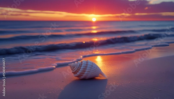 Obraz Twilight over the ocean. The setting sun dips below the horizon, its last rays turning the sky into a canvas of gold, red, and purple hues. In the foreground, gentle waves lap at a sandy beach, where 