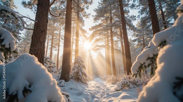 Fototapeta Serene winter landscape featuring tall pine trees blanketed in snow, with sunlight streaming through branches, creating magical atmosphere