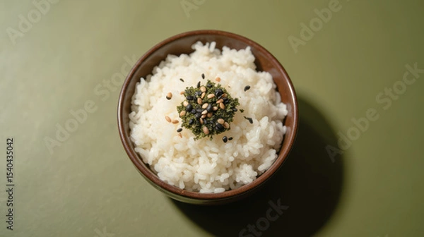 Fototapeta Steamed rice topped with blend of seeds and herbs in brown bowl, creating simple yet appetizing dish