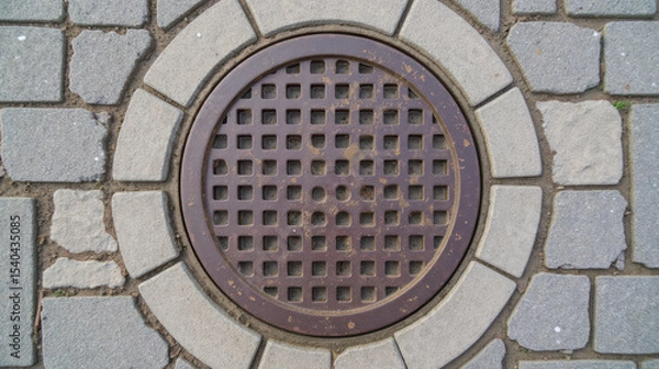 Fototapeta Round metal grate covers circular opening stone pavement, showcasing grid pattern. surrounding stones are arranged neatly, creating structured