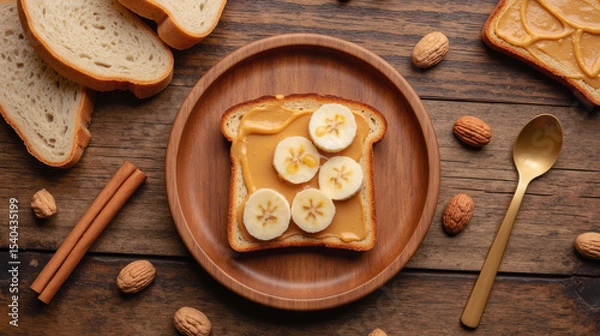 Fototapeta Creamy peanut butter spread on toasted bread topped with fresh banana slices, served on wooden plate with nuts and cinnamon sticks