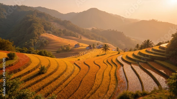 Fototapeta Golden rice terraces create stunning landscape at sunset, showcasing vibrant colors and intricate patterns in nature beauty