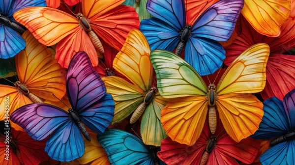 Fototapeta Colorful butterflies in vibrant hues of orange, blue, yellow, and purple create stunning visual display, evoking sense of joy and wonder