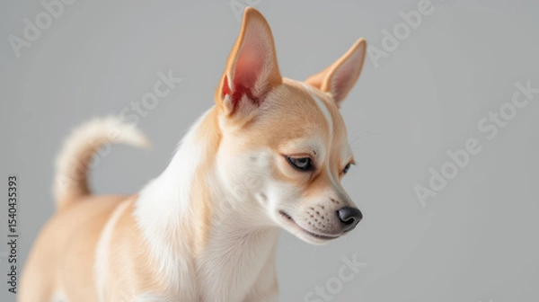Fototapeta Cute dog with light brown and white fur, standing gracefully against neutral background, showcasing its playful and curious nature
